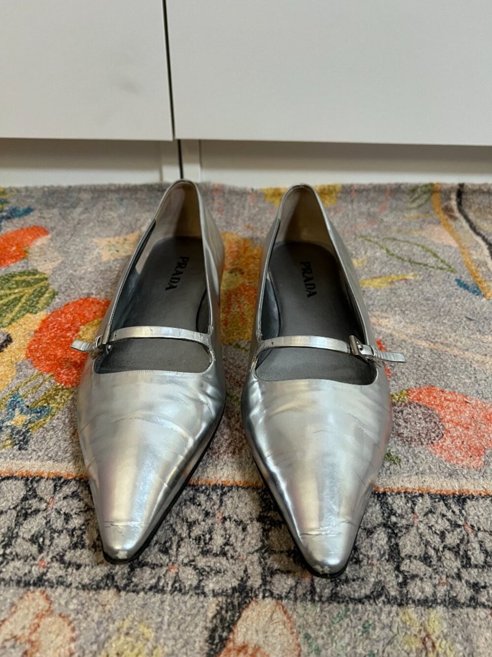 Prada silver metallic pointed toe ballet flats 7.5